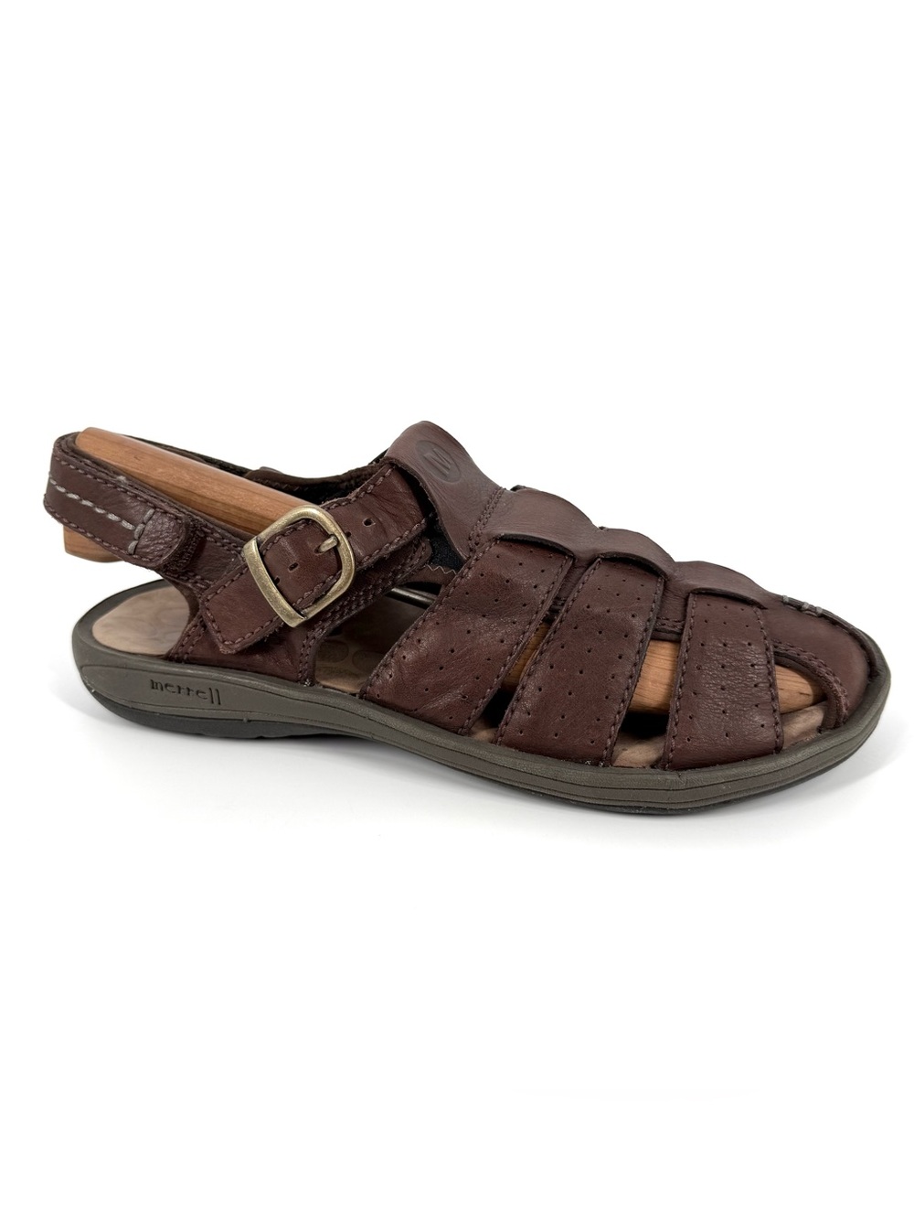 Merrell Eugene Fisherman Sandals Mens Size 12 Brown Leather Buckle Ankle Strap